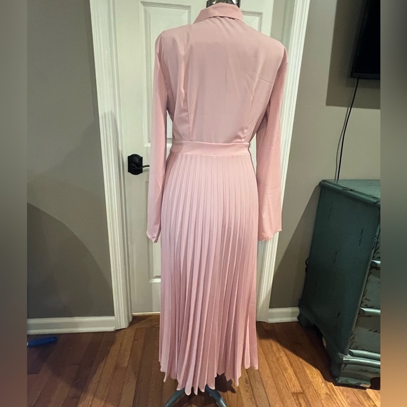 Retro style pink satin dress pleated skirt side zip size L - Picture 3 of 6